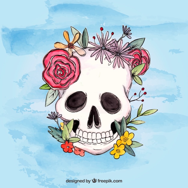 Free Vector | Watercolor background of skull with flowers