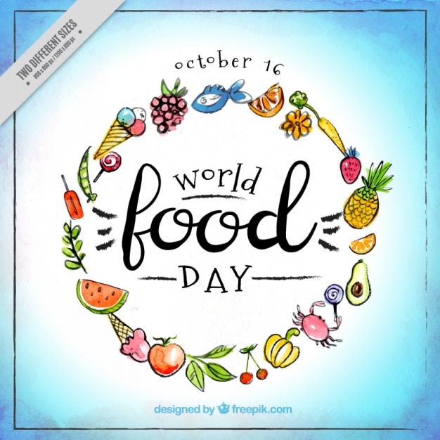 Watercolor background with food for the\
celebration of world food day