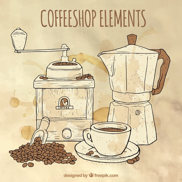 Watercolor background with sketches of coffee
maker and coffee grinder