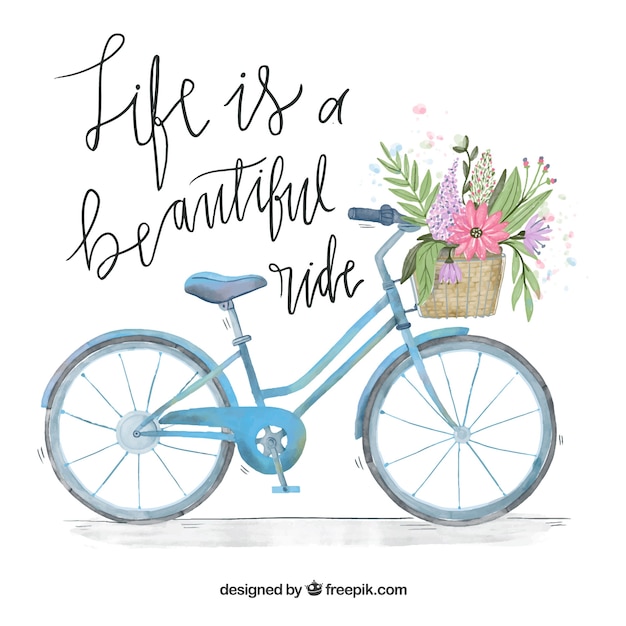 Watercolor bicycle background with basket and\
message