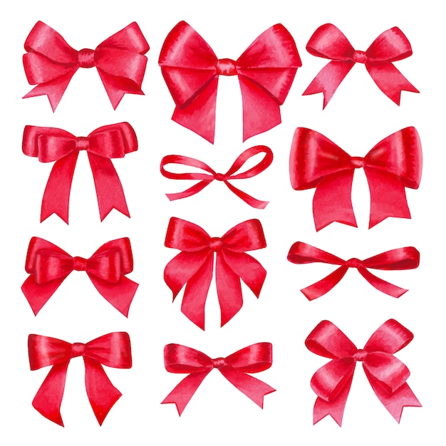 Premium Vector | Watercolor big set with colorful red satin bows