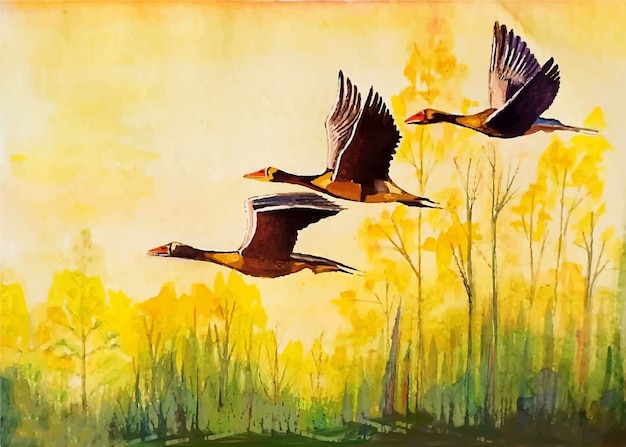 空を飛んでいる水彩鳥手描きイラスト プレミアムベクター
