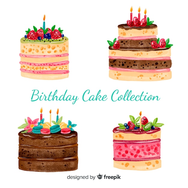 Watercolor birthday  cake  collection Premium Vector