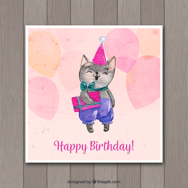 Download Watercolor birthday card with cute cat Vector | Free Download
