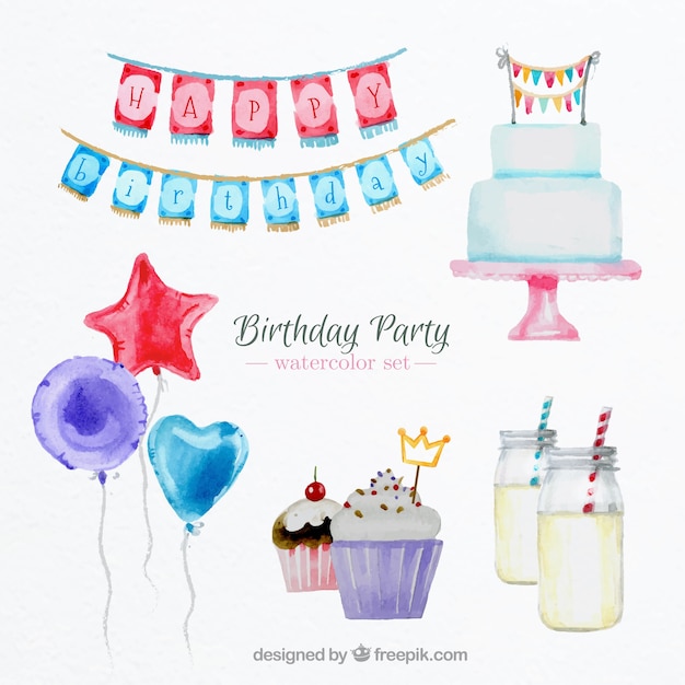 Watercolor birthday party elements set