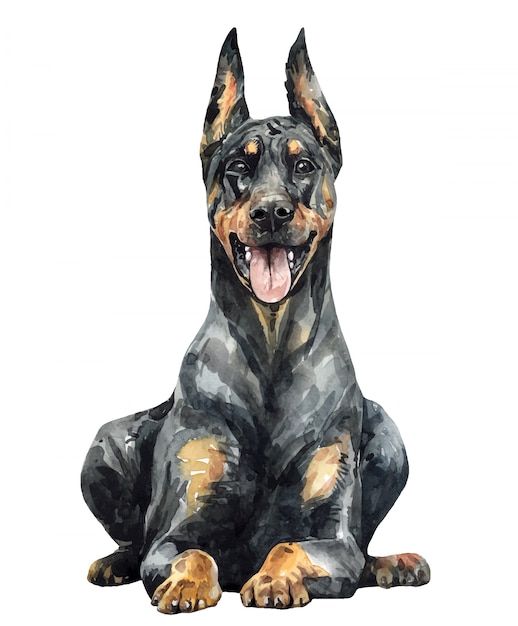 水彩の黒いドーベルマン犬のピンシャー かわいいドーベルマン ドーベルマンペイント プレミアムベクター