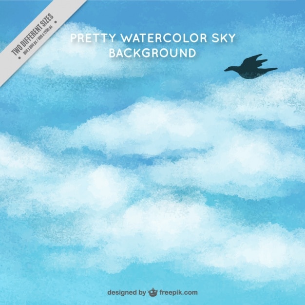 Watercolor blue sky background with clouds and
bird