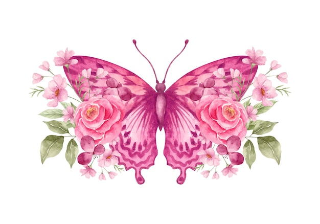 Watercolor butterfly with lovely floral ornamental decoration Premium Vector