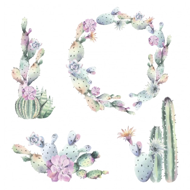 Download Free Vector | Watercolor cactus frames and bouquets