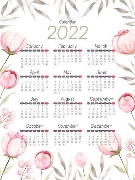 Premium Vector | Watercolor Calendar 2022 Flower And Leaves