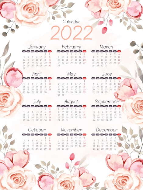 Premium Vector | Watercolor Calendar 2022 Flower And Leaves