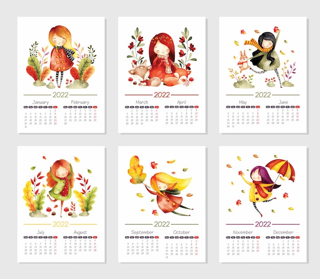 Premium Vector | Watercolor Calendar 2022 Girl Theme