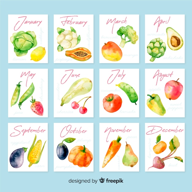 季節の野菜や果物の水彩画のカレンダー 無料のベクター
