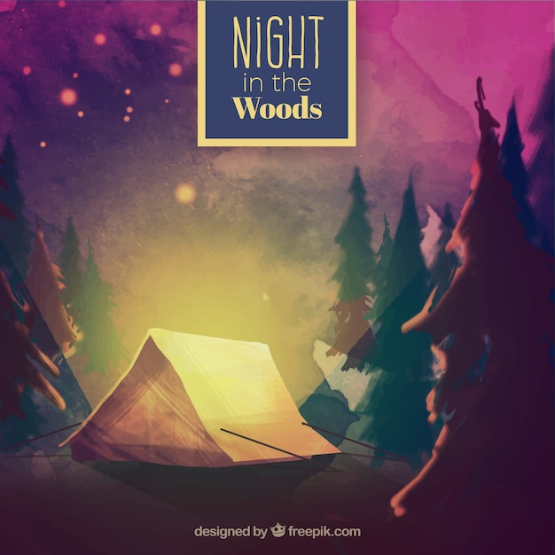 Watercolor camping tent ina beautiful
wood