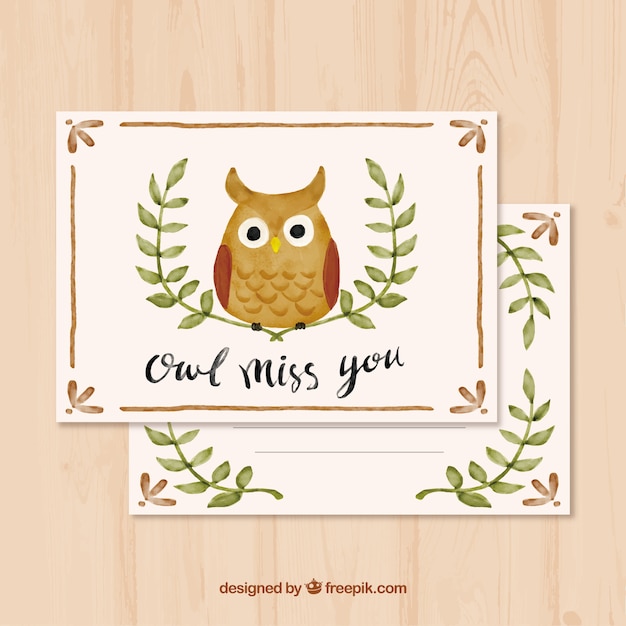 Download Free Vector | Watercolor card with owl and leaves