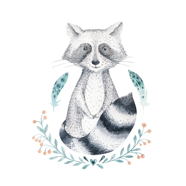 Download Watercolor cartoon cute baby raccoon vector animal with ...