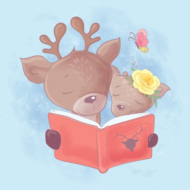 かわいい鹿のお父さんと娘の水彩漫画イラストは本を読んでいます プレミアムベクター