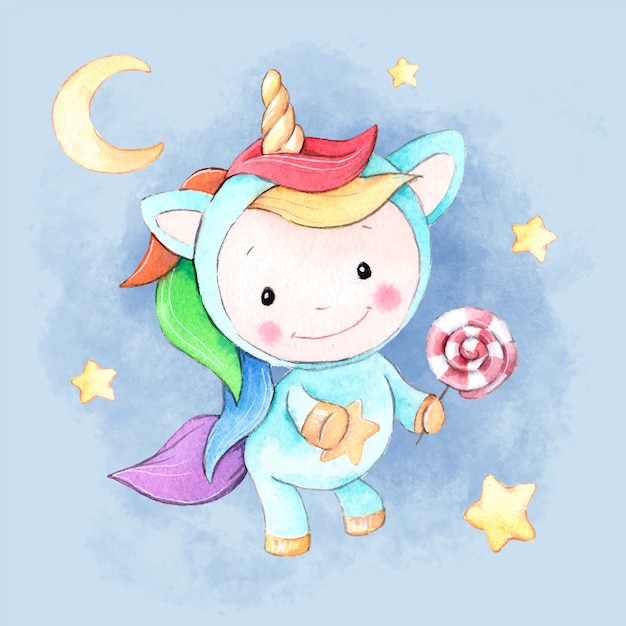 Download Watercolor cartoon unicorn with a lollipop Vector | Premium Download