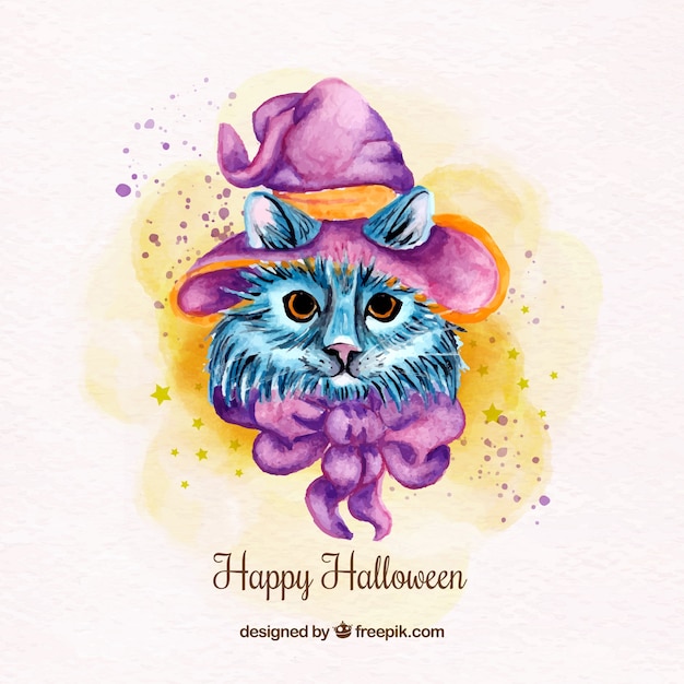 Watercolor cat background with witch hat