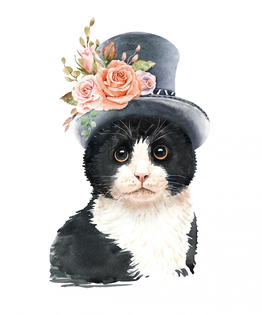 Download Watercolor cat with top hat and flower. | Premium Vector