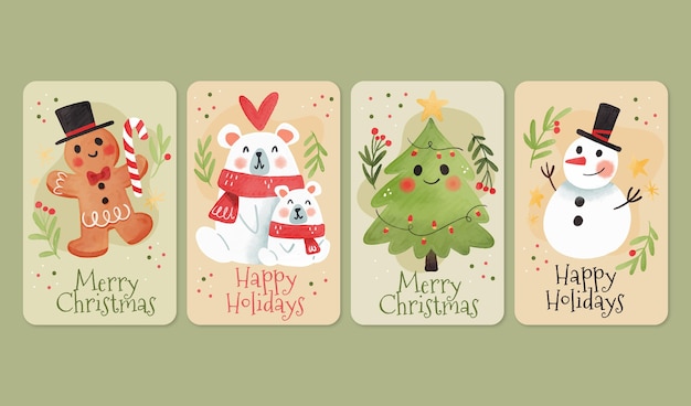 Watercolor cute christmas cards template Free Vector