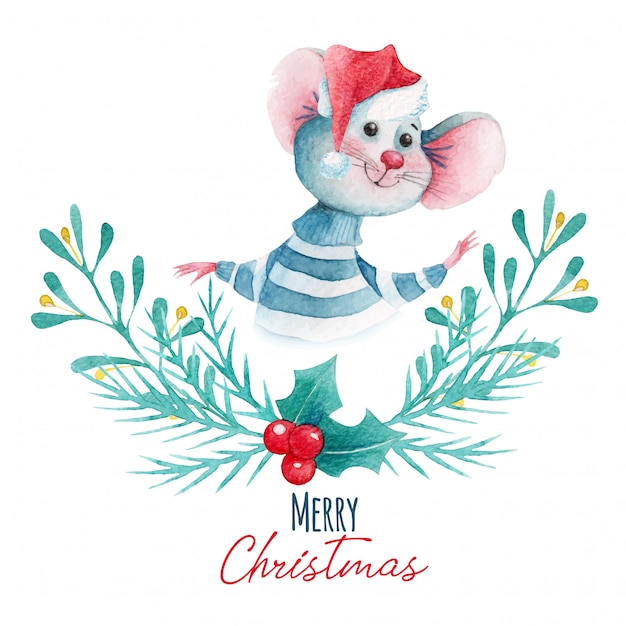 Download Premium Vector Watercolor Christmas Illustration Of Cartoon Mouse And Decoration Elements PSD Mockup Templates