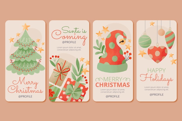 Watercolor Christmas Instagram stories collection Free Vector - Muted Colors - Christmas Tree, Gifts and Baubles
