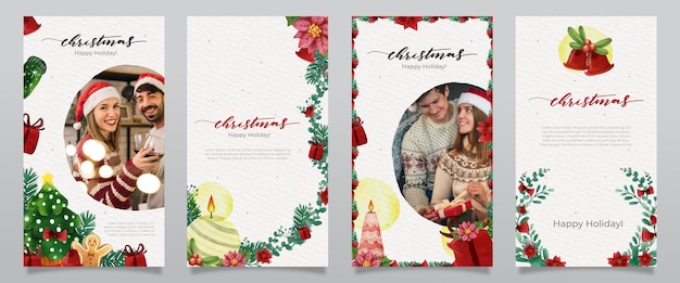 Watercolor Christmas instagram stories collection Free Vector - Poinsettia Border Design