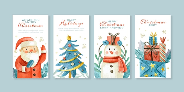 Watercolor Christmas Instagram stories collection Free Vector - Santa, Christmas Tree, Snowman & Gifts