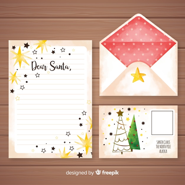 Watercolor Christmas Letter And Envelope Template Free Vector