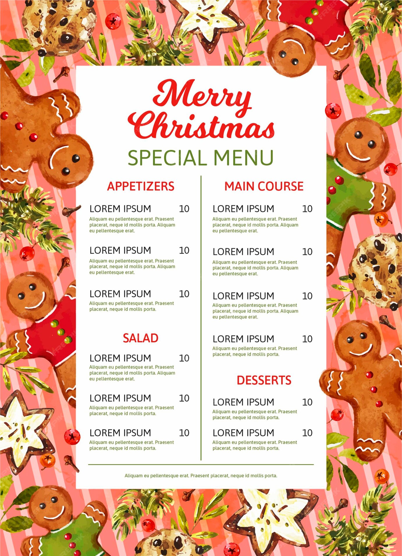 Free Vector | Watercolor christmas menu template with gingerbread men