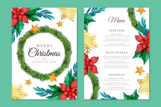 Watercolor christmas menu template Free Vector - Beautiful Poinsettia and Wreath Design