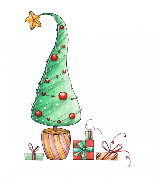 水彩のクリスマスツリーとギフト クリスマスイラスト手描き プレミアムベクター