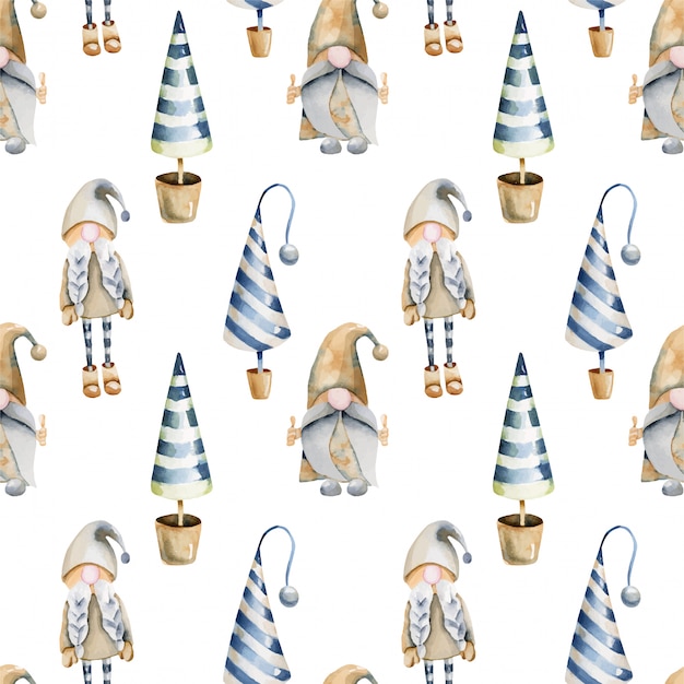 Watercolor christmas tree and scandinavian elfs seamless pattern Premium Vector