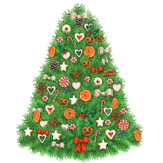 Download Premium Vector Watercolor Christmas Tree With Delicious Decorations