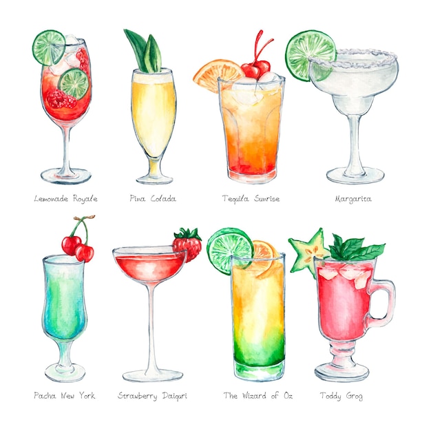 Watercolor cocktail set | Free Vector