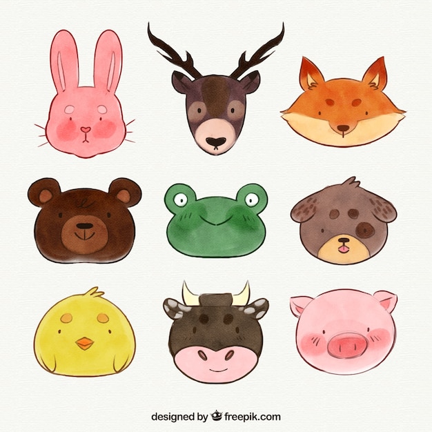 Download Watercolor collection of cute animal faces | Free Vector