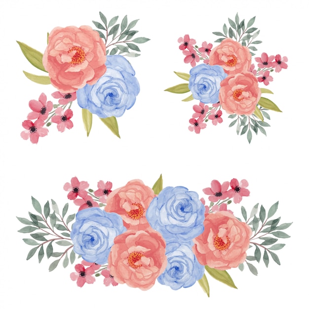 水彩のカラフルなバラの花の花束イラストセット プレミアムベクター