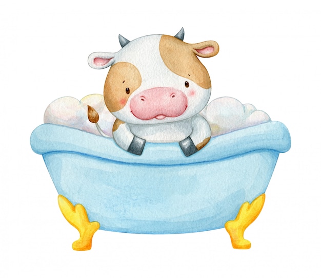 泡のお風呂に座っている水彩の牛 分離されたユーモラスな子供たちのイラスト プレミアムベクター