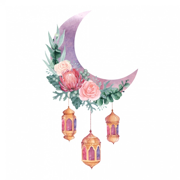Download Premium Vector | Watercolor crescent moon with flowers and ...