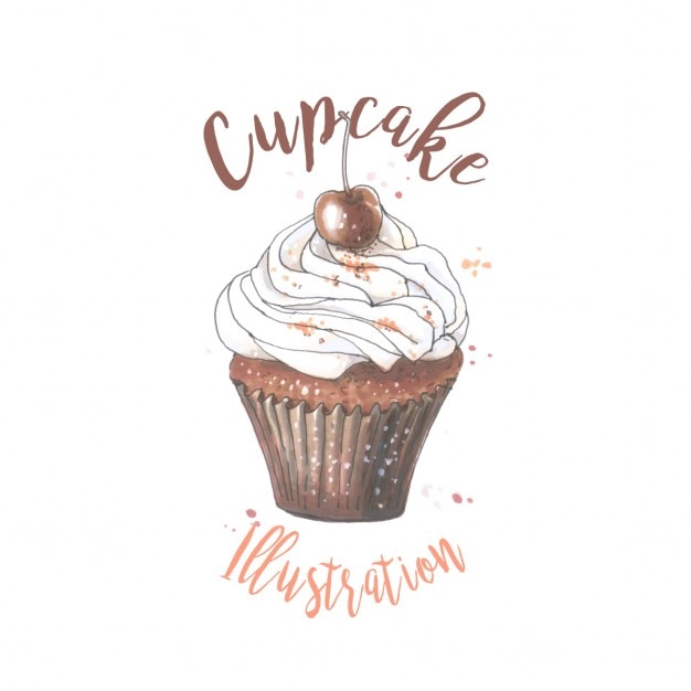 Watercolor cupcake with cherry