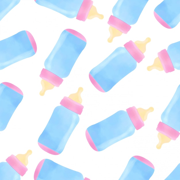 Download Watercolor cute baby bottle milk seamless pattern | Premium Vector