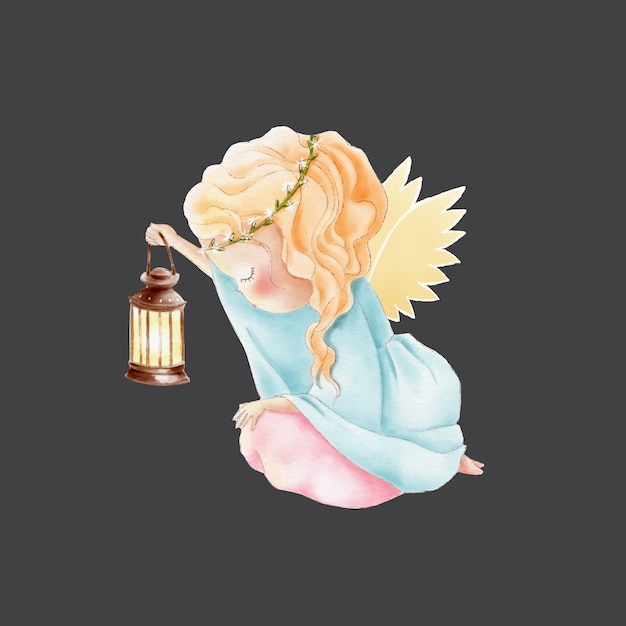 Watercolor cute cartoon angel with lamp Premium Vector