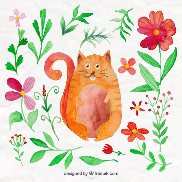 Watercolor cute cat with flowers and\
leaves