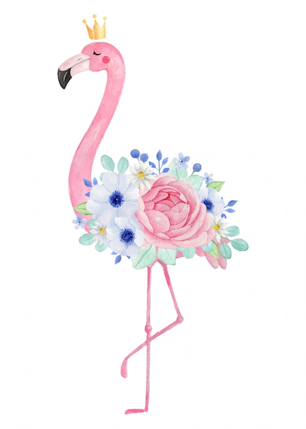 Download Premium Vector | Watercolor cute flamingo with crown and exotic flowers, anemone, ranunculus ...