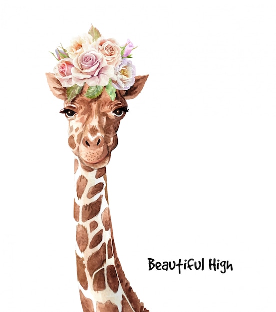 Download Watercolor cute giraffe with bouquet flower on head. | Premium Vector