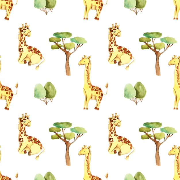 Download Watercolor cute giraffes and trees seamless pattern | Premium Vector