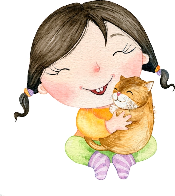 猫を抱き締める水彩かわいいイラスト美しい女の赤ちゃん プレミアムベクター