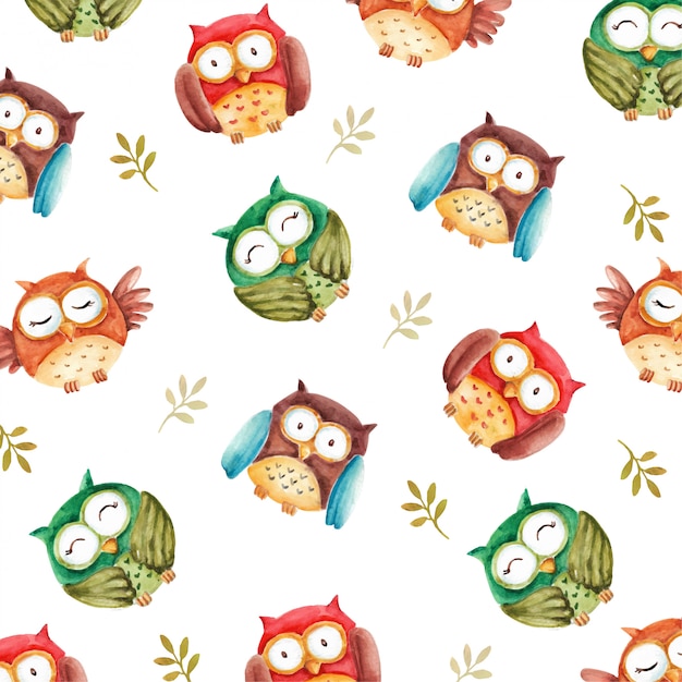 Download Watercolor cute owls seamless pattern Vector | Premium Download