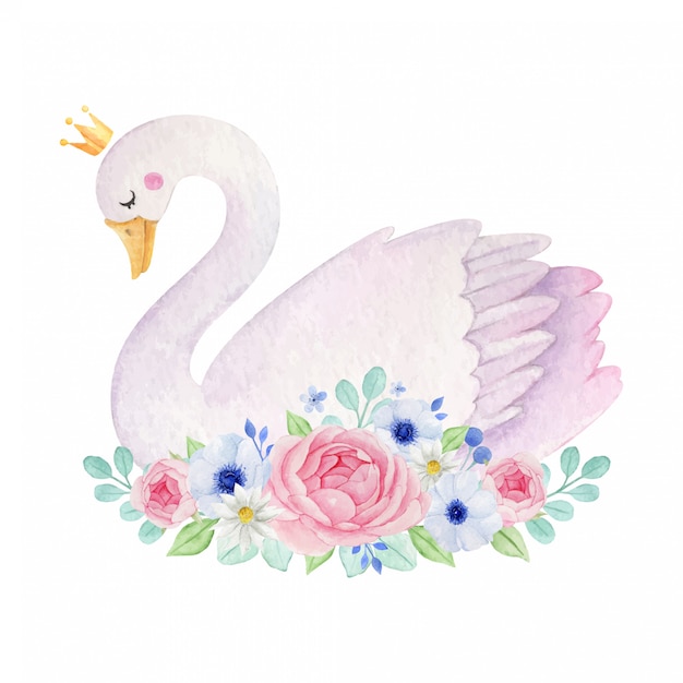 Premium Vector Watercolor Cute Swan With Crown And Flowers Decoration